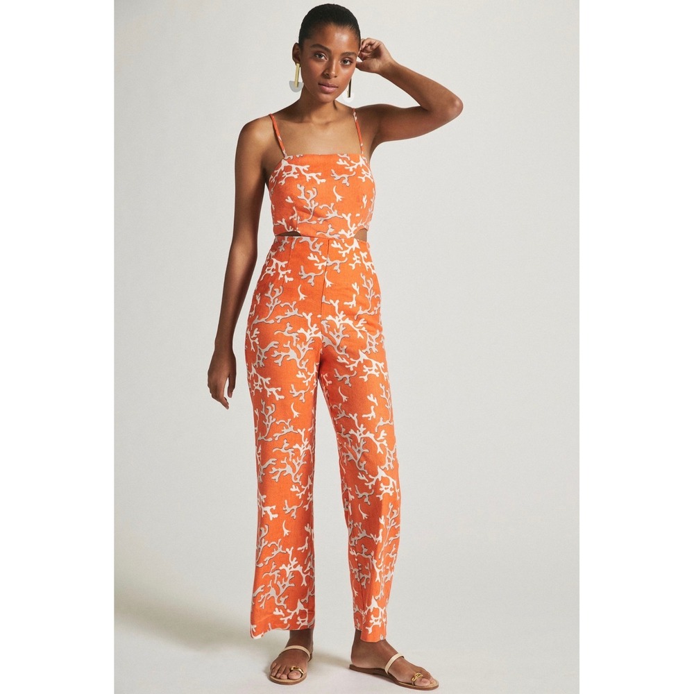 Maeve Anthropologie Riviera Coral Cut-Out Jumpsuit Coastal Orange 8 Tie Back